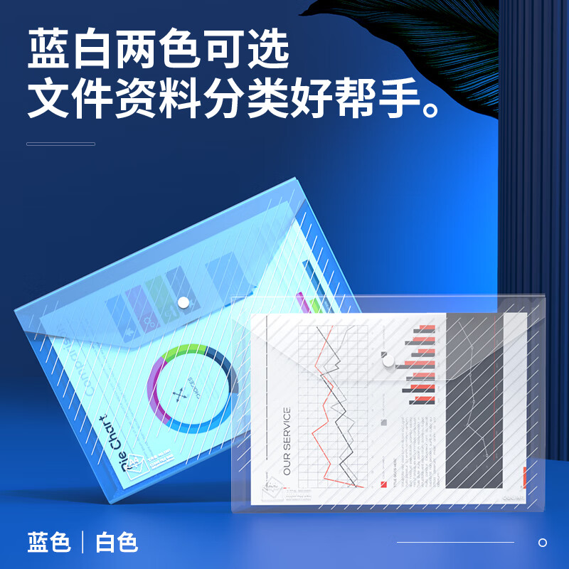 得力(deli)10只A4加厚透明文件袋 按扣资料袋 防水档案袋公文袋 财务票据收纳 5501蓝色