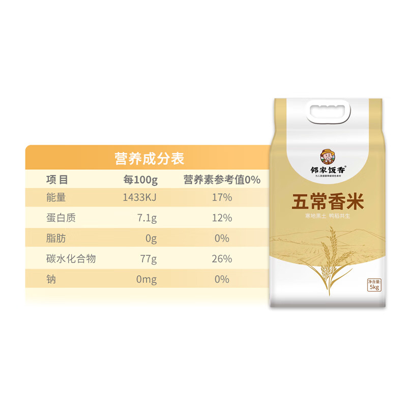 邻家饭香 五常大米 原粮稻花香2号 五优稻4号 龙凤山核心产区 五常香米 5kg 1袋装
