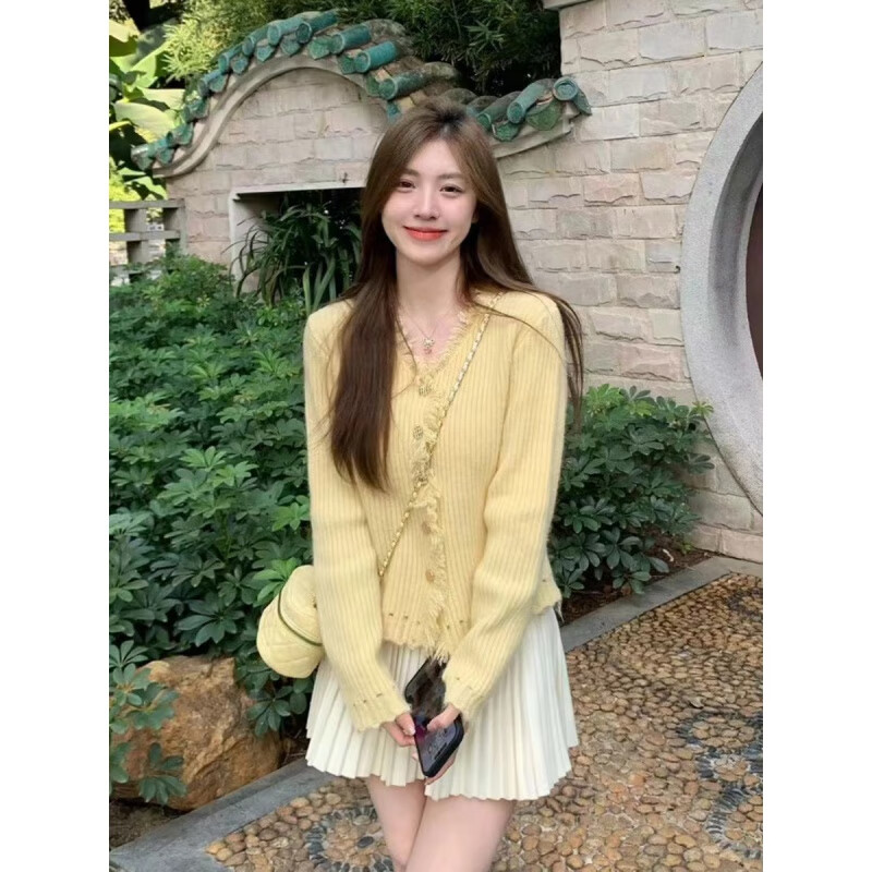 卫衣女2024秋季新款减龄辣妹纯欲慵懒风内搭针织开衫黄色毛衣 黄色毛衣