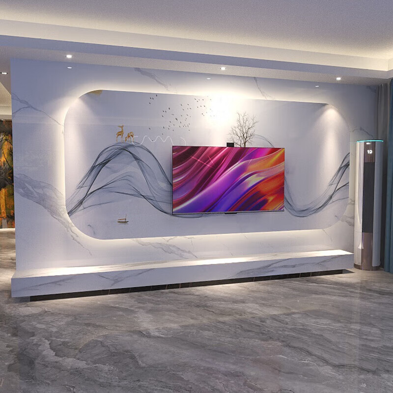 溥畔悬空岩板电视背景墙瓷砖大理石轻奢新中式客厅电视