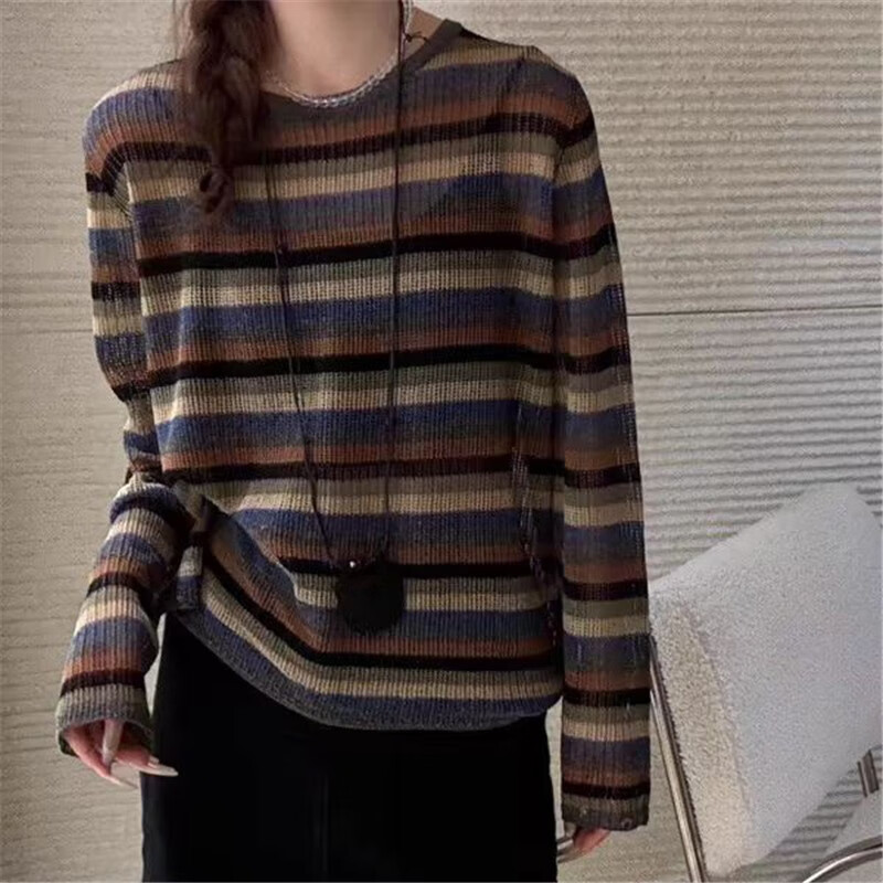 针织衫女秋冬新款显瘦圆领条纹长袖套头打底衫针织衫毛衣 图片色