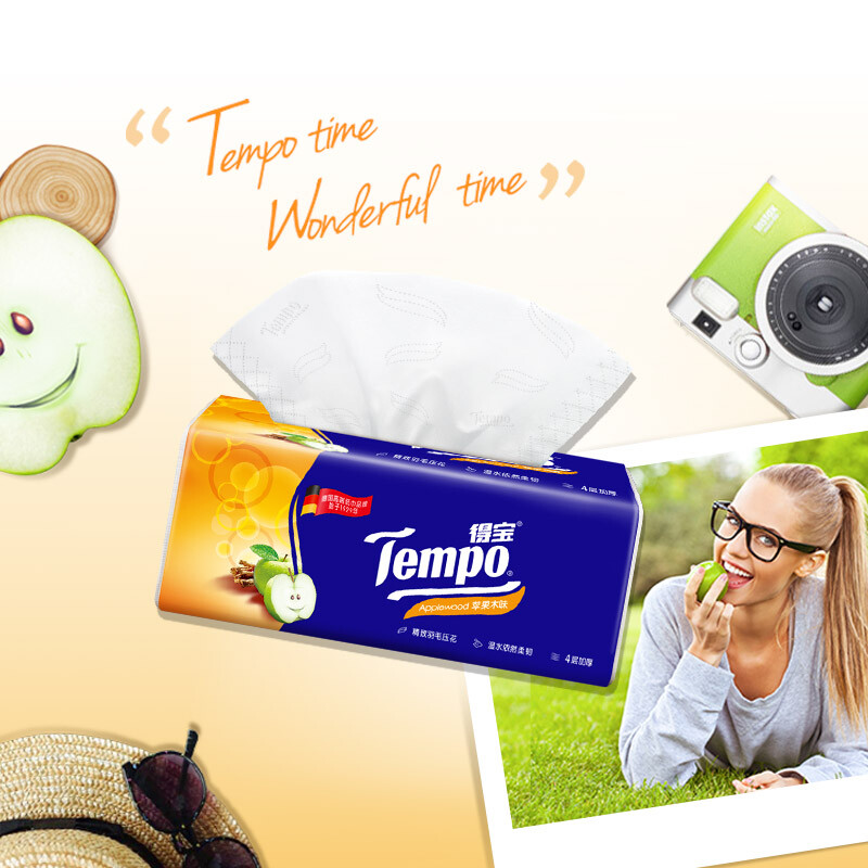 得宝（TEMPO）抽纸苹果木味层加厚抽包湿水柔韧 纸巾 餐巾纸 卫生纸整箱 苹果木味 90抽*18包