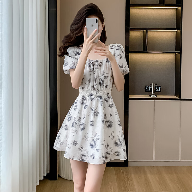 连衣裙女2024夏季新款法式年轻款少女风气质水墨画碎花雪纺裙子 图片色