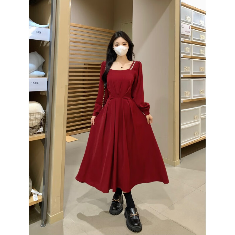 法式连衣裙女2024秋季收腰小众设计感敬酒服新娘感裙子 红色