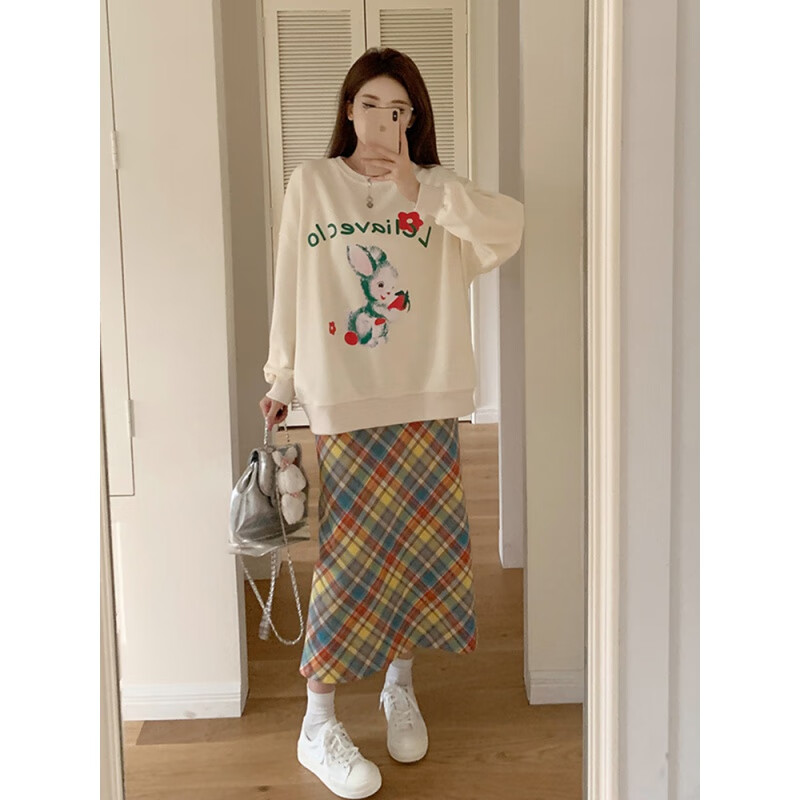 女2024秋冬新款港风韩系小众设计感宽松百搭格子 套装(+裤子)