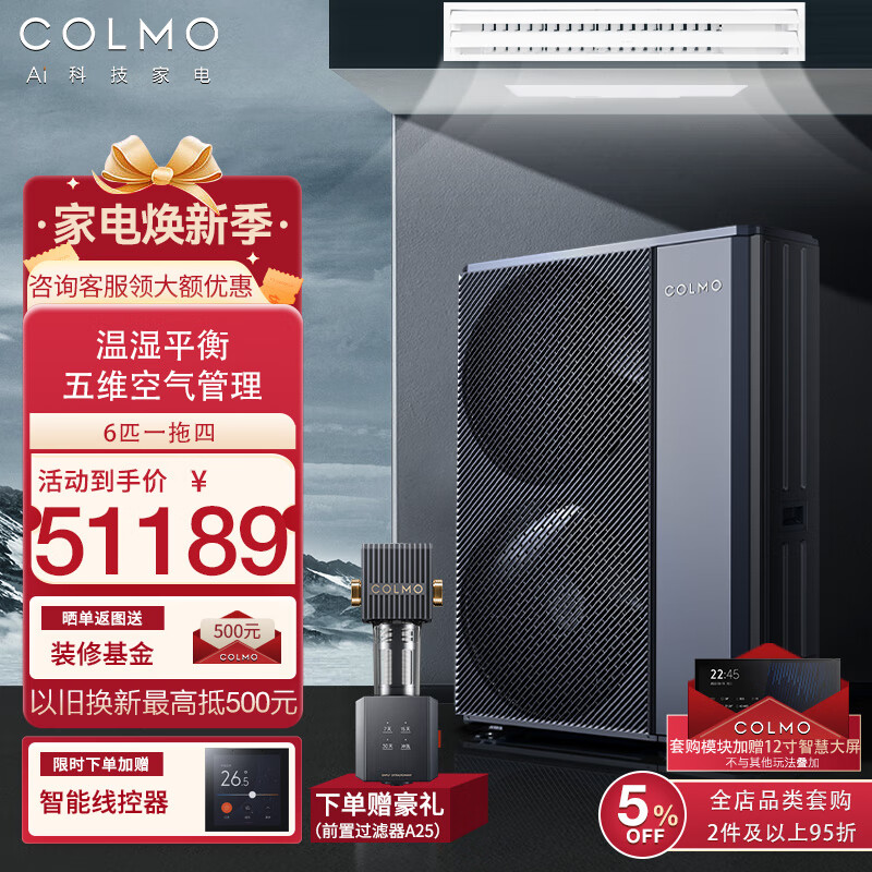 COLMO【含智慧眼无风感】图灵中央空调风管多联机一拖三/一拖四/一拖五/一拖六多联机新风AI语音智能空 6匹 一级能效 一拖四