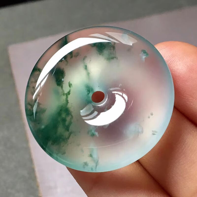 DL 1998胖东来品质翡翠平安扣吊坠冰种飘花翡翠天l然缅甸飘绿花平安扣绿 飘花平安扣