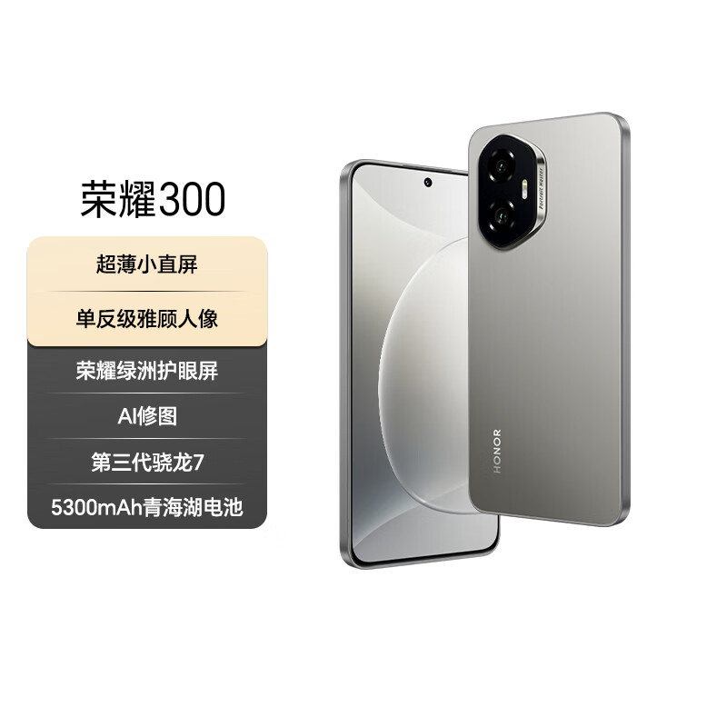 荣耀300 超薄小直屏 单反级雅顾人像 荣耀绿洲护眼屏 12+256 苍山灰 5G AI 新款 拍照手机 国家补贴