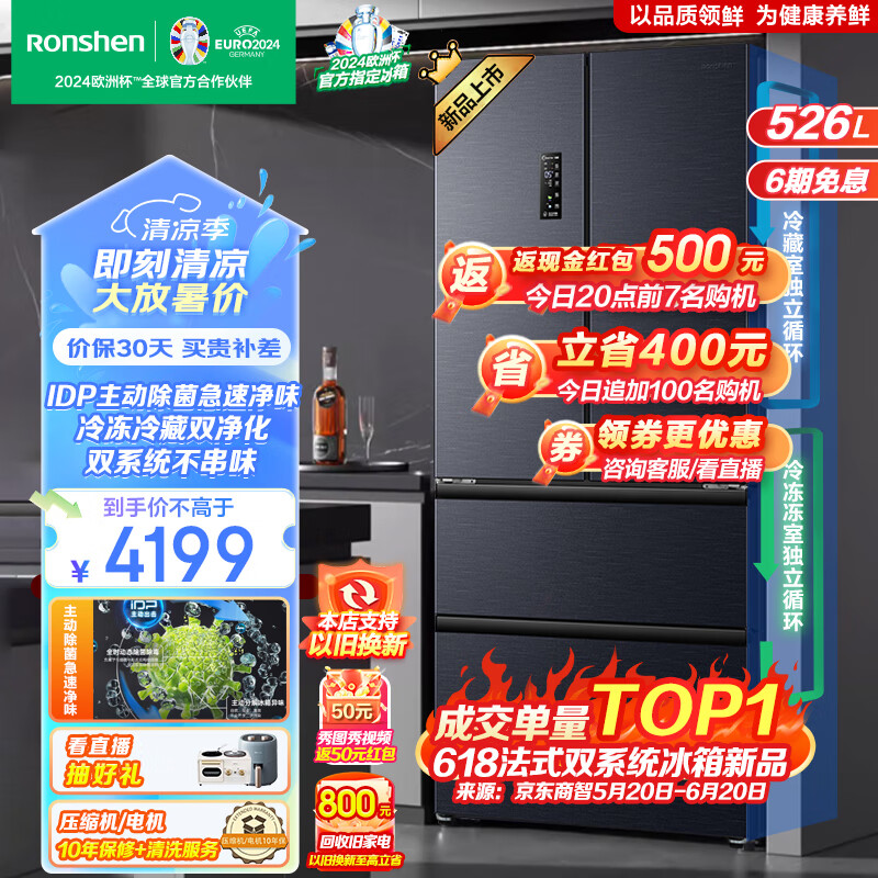 容声（Ronshen）526升双净双系统冰箱灰色法式多门四开门双循环家用无霜变频一级能效大容量嵌入式 BCD-526WD1MPA