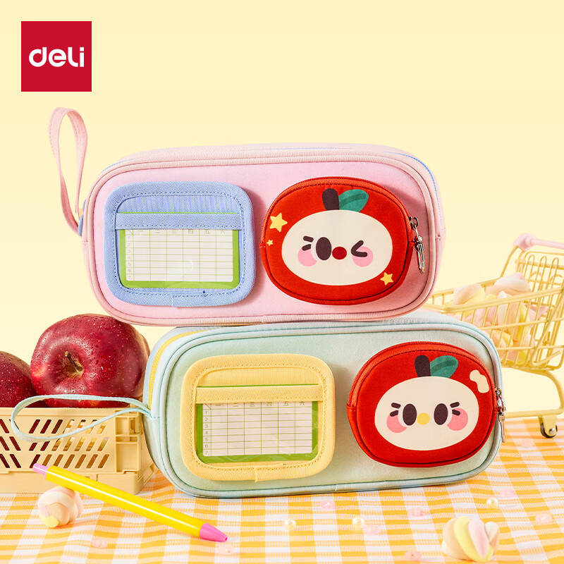 得力高颜值可爱水果笔袋 便携手提大容量文具收纳袋多功能笔盒 附赠百粘布零钱包 粉BC427