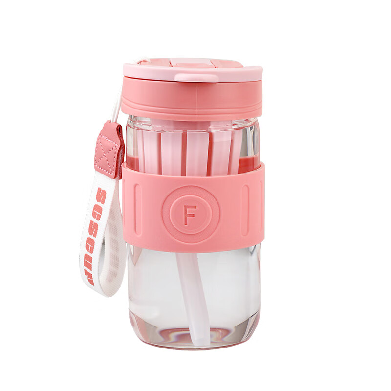 山重山水杯高颜值玻璃杯运动便携吸管杯双饮口泡茶杯子耐高温车载杯3161 粉色550ml【礼盒装】