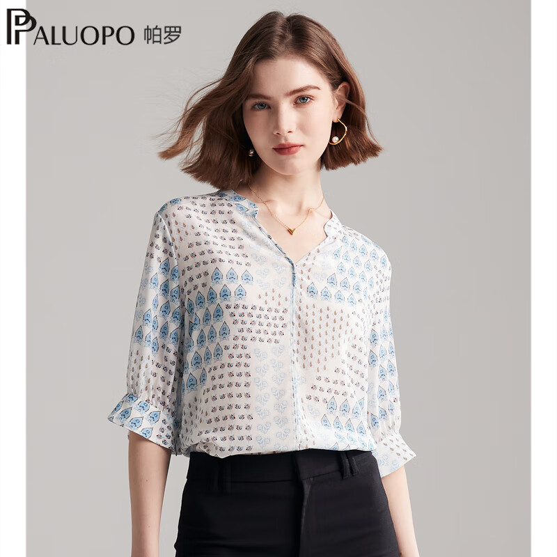 PALUOPO 帕罗 100%桑蚕丝  真丝印花 女式五分袖衬衫 京东优惠券折后￥329