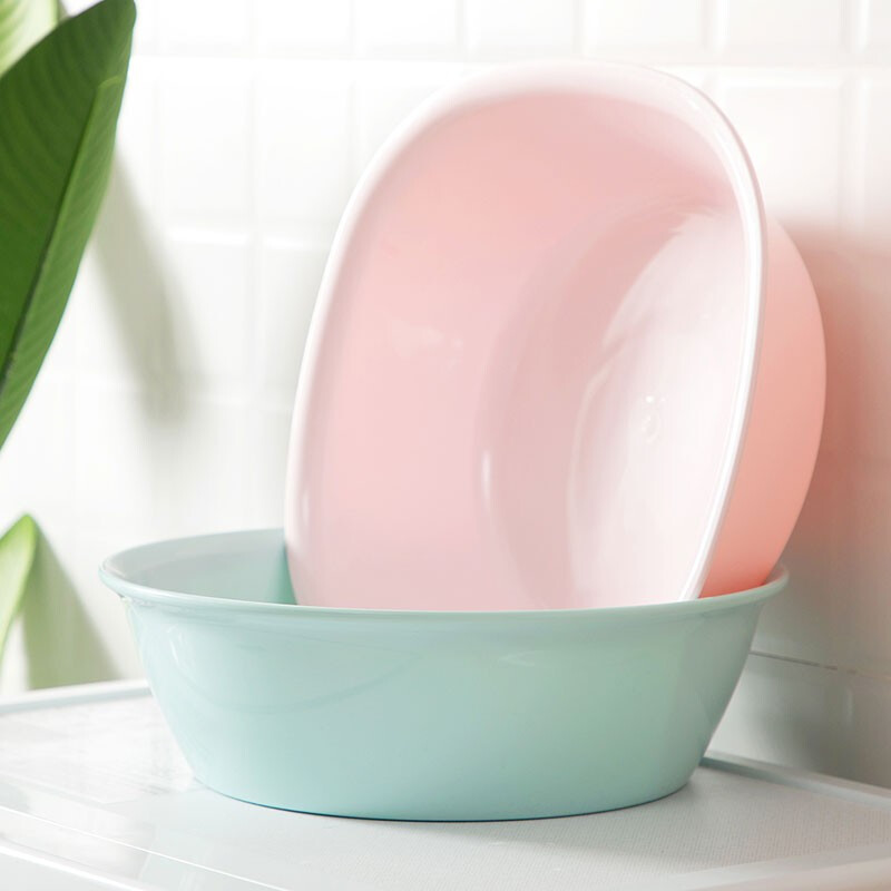 茶花家用加厚塑料脸盆宝宝婴儿可爱马卡龙洗脸盆抑菌大号圆盆方盆 【直径*高：34*10.4cm】蓝色圆盆