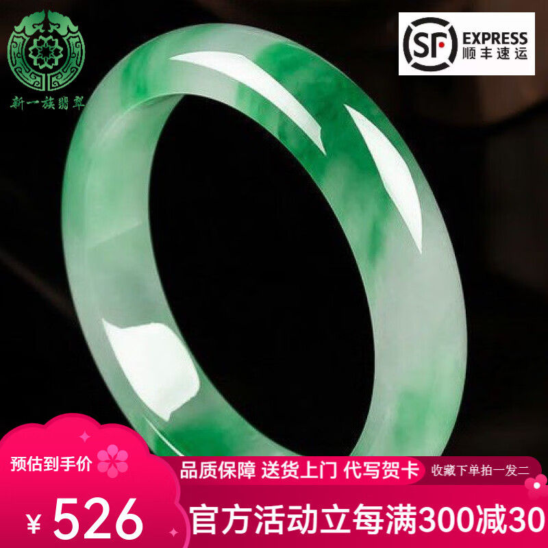 新一族缅甸翡翠玉手镯冰种浅绿飘花玉手镯处理送妈妈送老婆送女友礼物