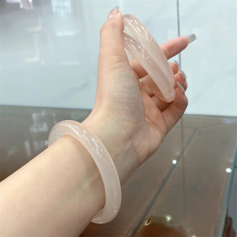 MHFDO冰种藕粉色阿富汗玉手镯透粉色女款玉石碳酸盐质玉镯子情人节礼物
