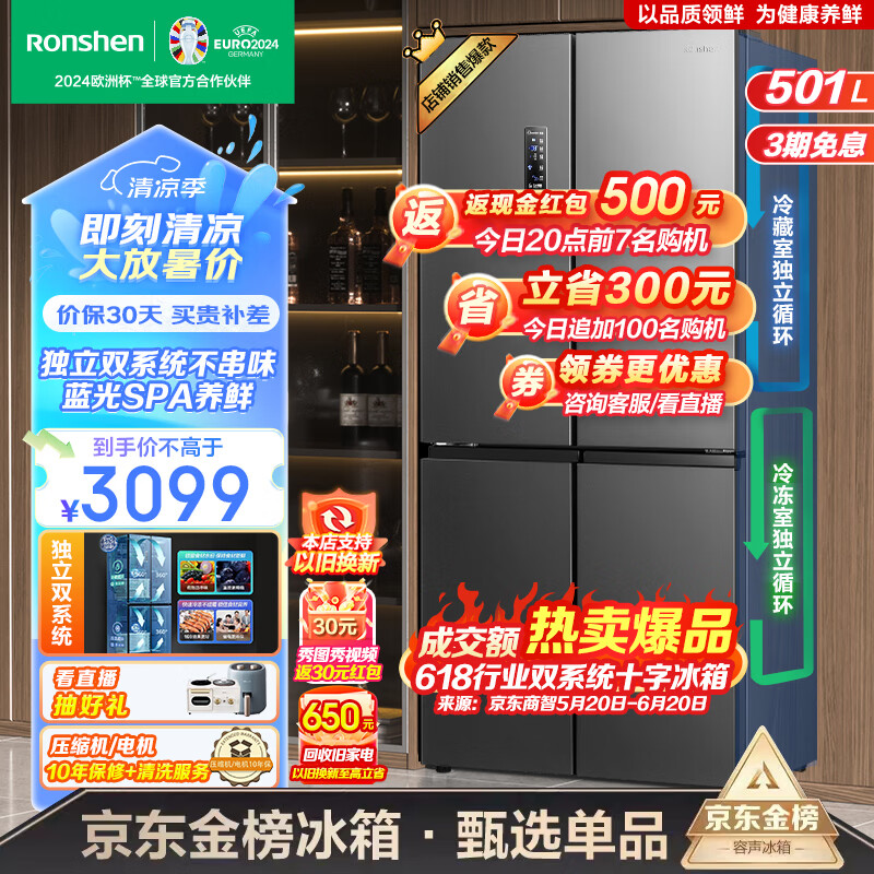 容声（Ronshen）501升四开门冰箱十字对开门双开门一级能效变频超大容量超薄风冷无霜家用嵌入式双系统循环电冰箱