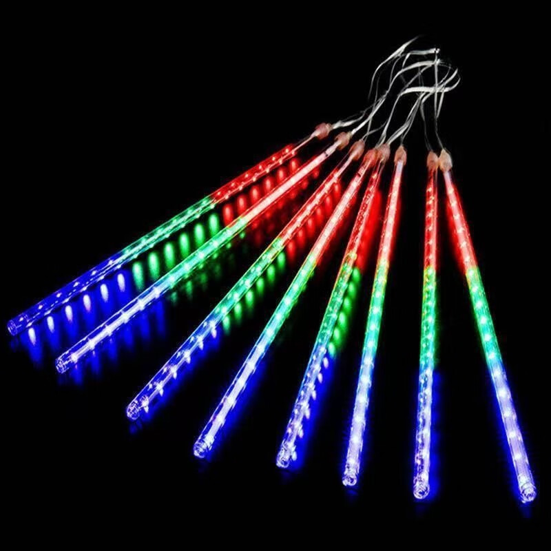 流星雨led灯挂树灯流星雨彩灯防水七彩流星雨led灯闪灯装饰灯节日 彩色 充电太阳能80厘米10支一套