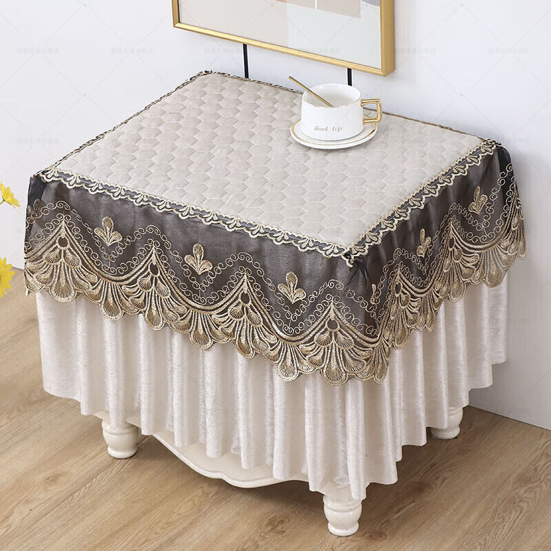 床头柜罩保护套一套布防尘盖布巾简约蕾丝卧室小桌布式全桌布 轻奢米-布边加杯垫 宽40*长50*高40厘米