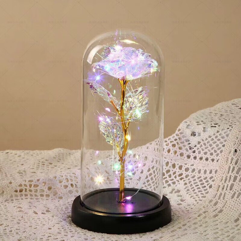七彩炫光玫瑰花束生日礼物女生永生花金箔玫瑰花七夕情人节女友浪 水晶玫瑰+亚克力灯罩+灯串