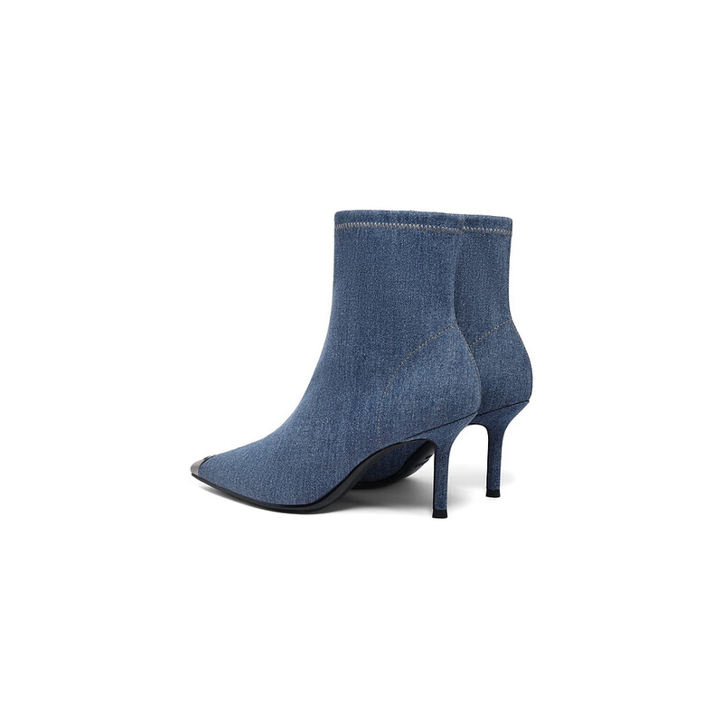 百丽尖头时装靴女2023冬商场同款科技感铁头拼接短靴BAV40DD3预售 蓝色 34