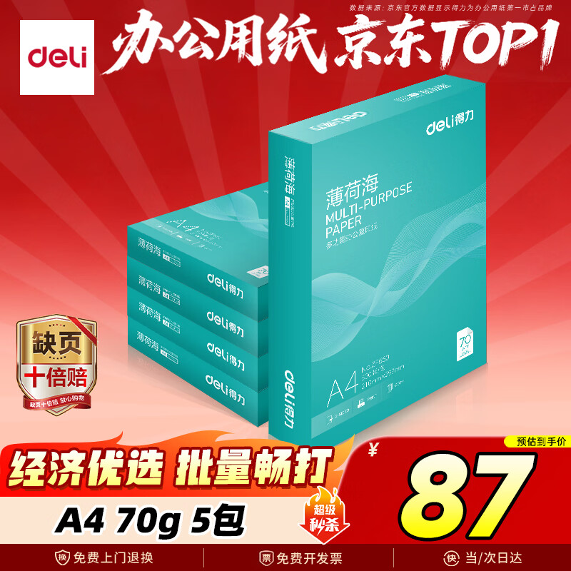 得力（deli）薄荷海A4打印纸 70g500张*5包一箱 双面复印纸 高性价比草稿纸 整箱2500张ZF662【人气新品】