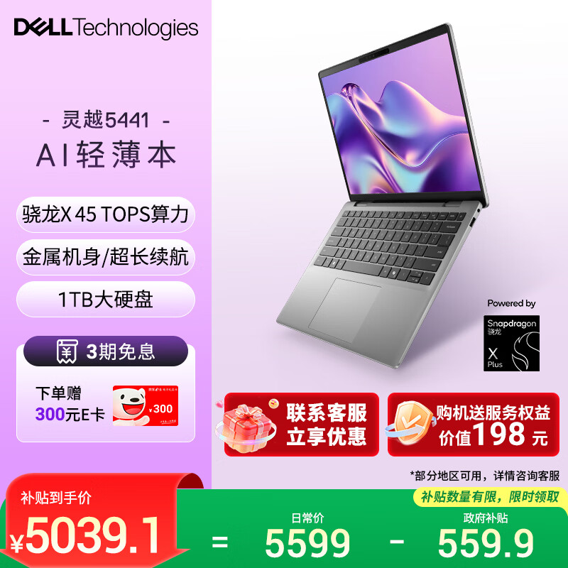 戴尔（DELL）国家补贴 笔记本电脑 灵越14 5441 新款 14英寸轻薄本高性能商务办公学生AIPC 骁龙X 16G 1TB
