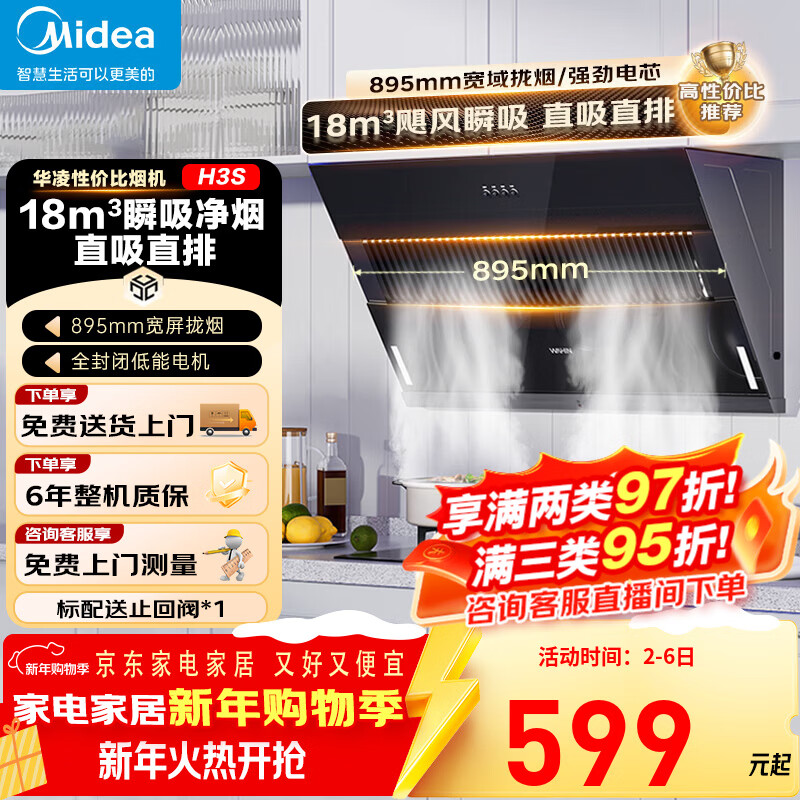 美的（Midea）出品WAHIN吸油烟机侧吸式家用出租厨房脱排抽烟机18立方吸力烟机燃气灶具两件套热水器三件套装