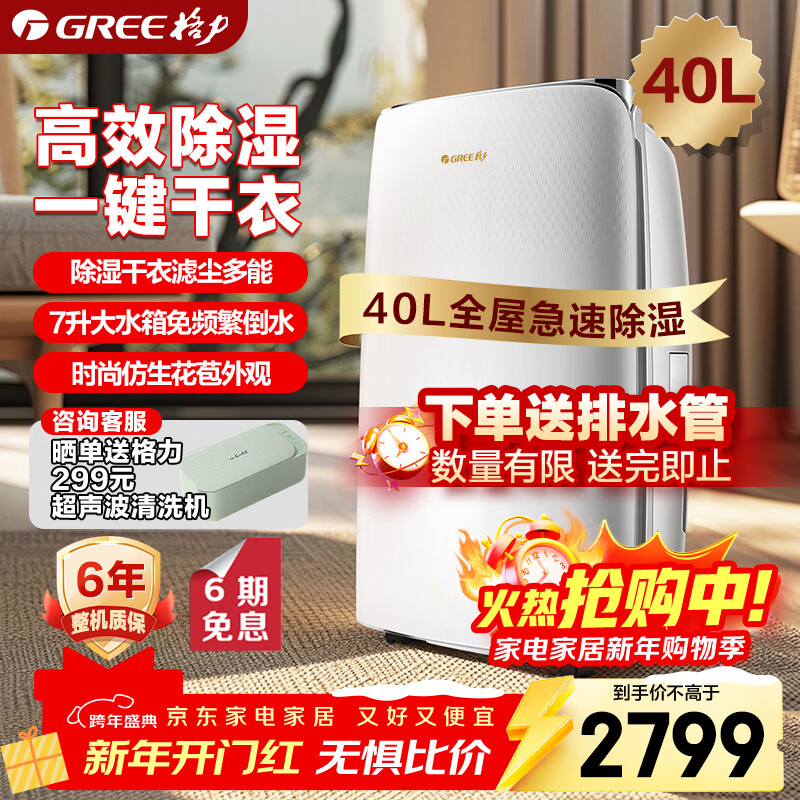 格力（GREE）【轻音干衣除湿】除湿机家用抽湿机40升/天低噪除潮防霉吸湿抽湿器智能控湿单间&le;80㎡DH40EF