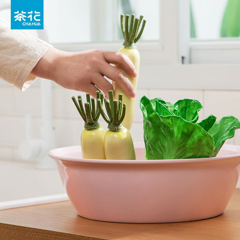 茶花家用加厚塑料脸盆宝宝婴儿可爱马卡龙洗脸盆抑菌大号圆盆方盆 【直径*高：34*10.4cm】蓝色圆盆