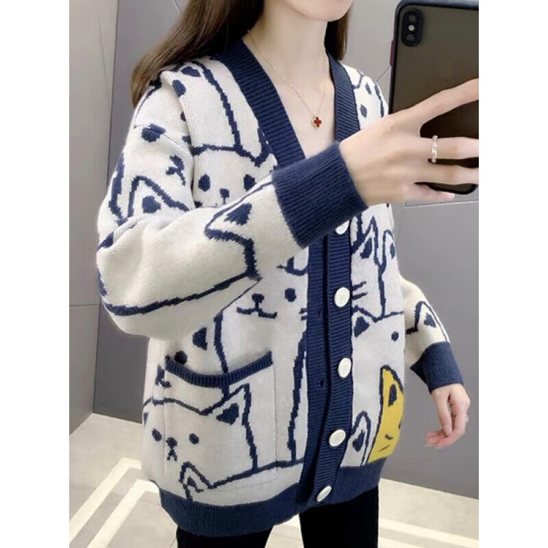 莉纱芙特针织衫女开衫早秋装女装薄款毛衣女外套宽松春秋季打底衫女士学生小香风时尚百搭显瘦上衣 藏青色