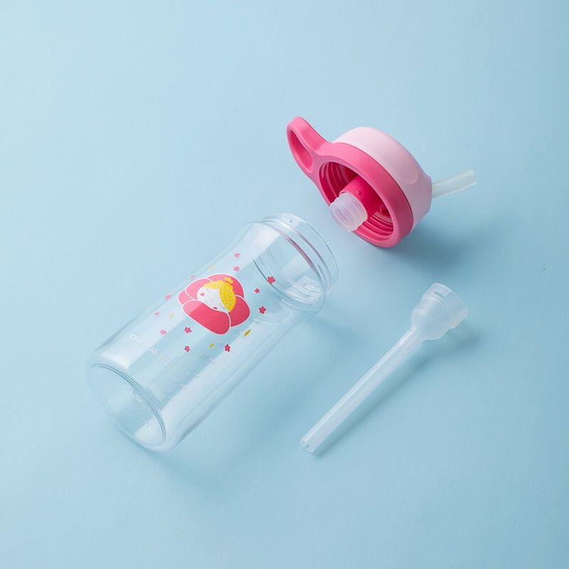 茶花tritan可爱儿童吸管杯夏季大容量宝宝幼儿园塑料防摔便携 红色
