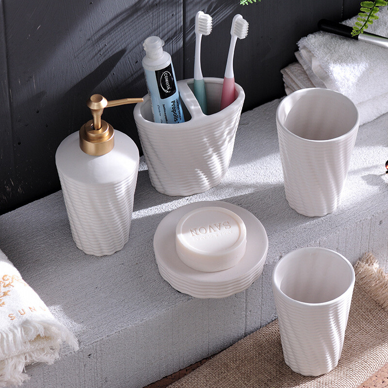 新品北欧ins创意陶瓷卫浴洗漱五件套浴室牙刷架洗漱用具用品套装 哑光
