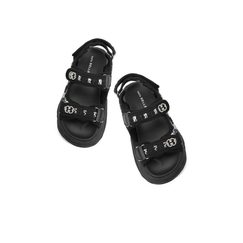 百丽小香风凉鞋女商场同款魔术贴童鞋D2601B62 黑色 31