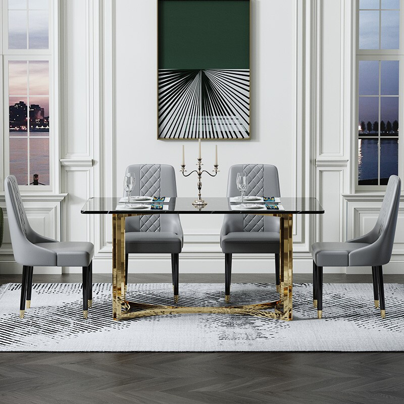 组合后现代轻奢不锈钢镀金餐桌大理石方形餐桌新古典样板房餐厅餐桌椅