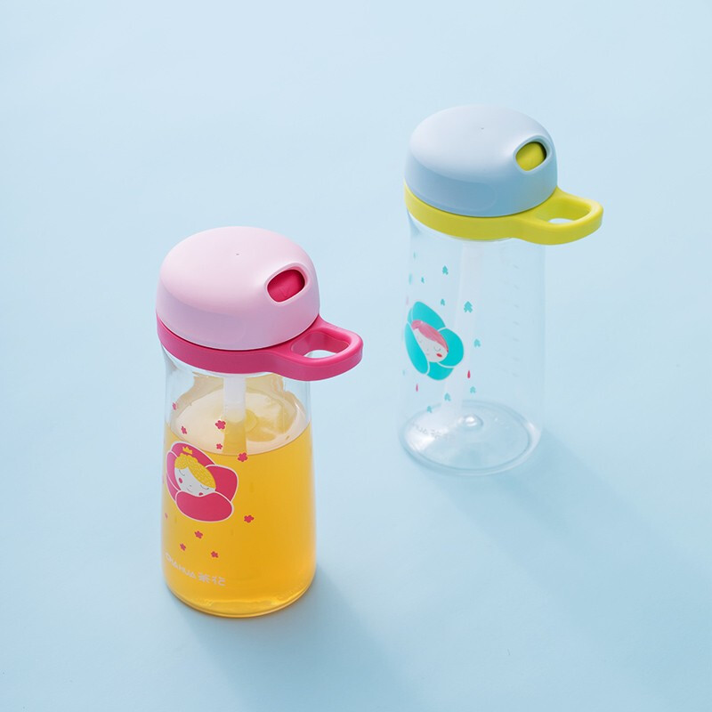 茶花tritan可爱儿童吸管杯夏季大容量宝宝幼儿园塑料防摔便携 红色