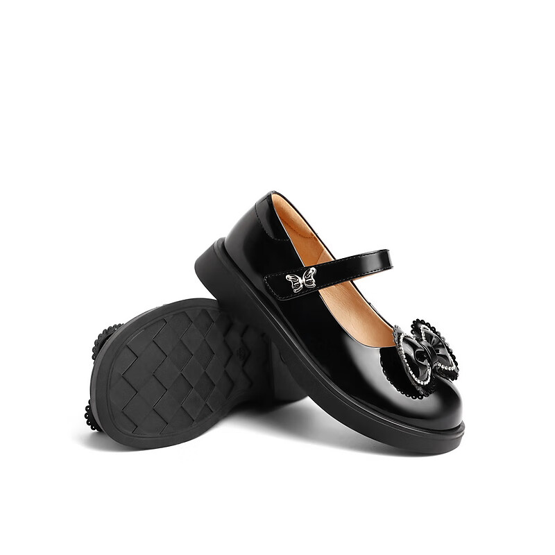 百丽可爱蝴蝶结皮鞋童鞋2023春季新商场同款漆皮单鞋3NR12A83 黑色 34