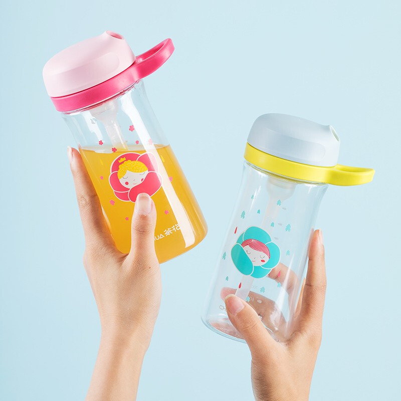 茶花tritan可爱儿童吸管杯夏季大容量宝宝幼儿园塑料防摔便携 红色