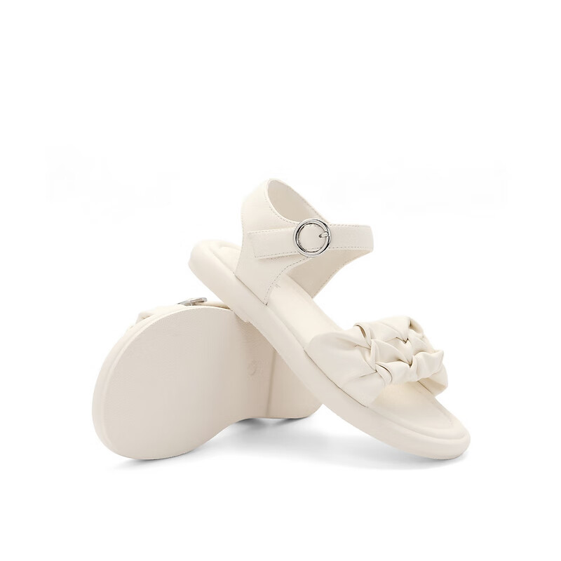 百丽褶皱一字带凉鞋童鞋2023夏季新商场同款简约休闲凉鞋92358B63 米色 32