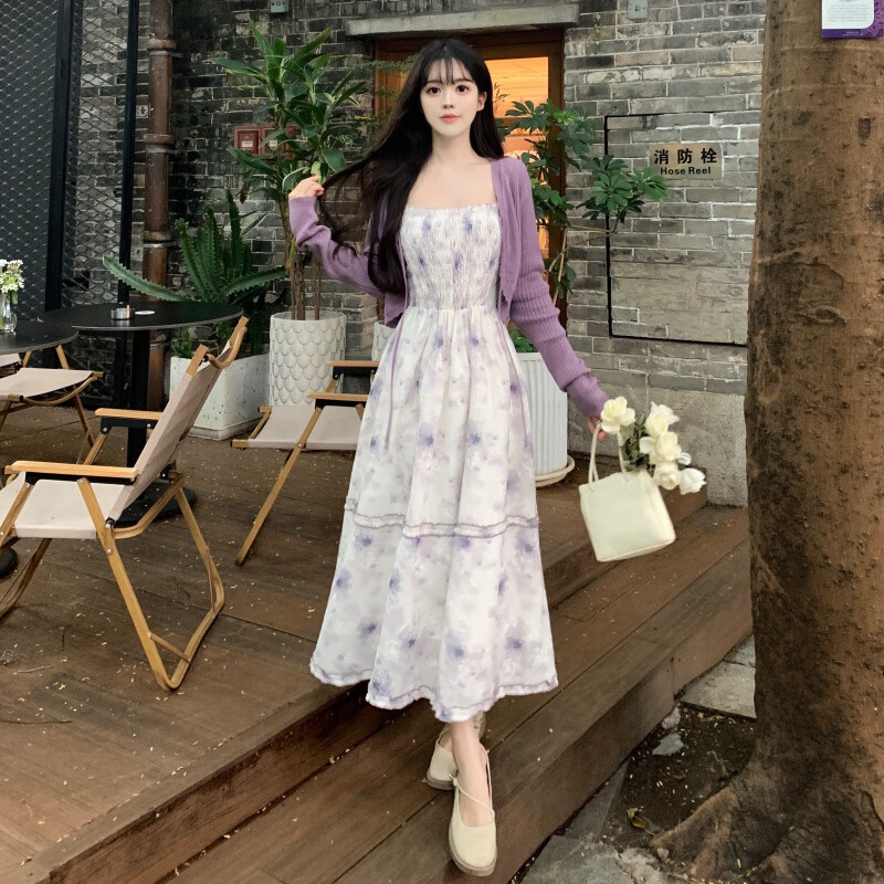 法式连衣裙女2024秋季新款桔梗甜美气质碎花设计感小众裙子 套装(+裙子)