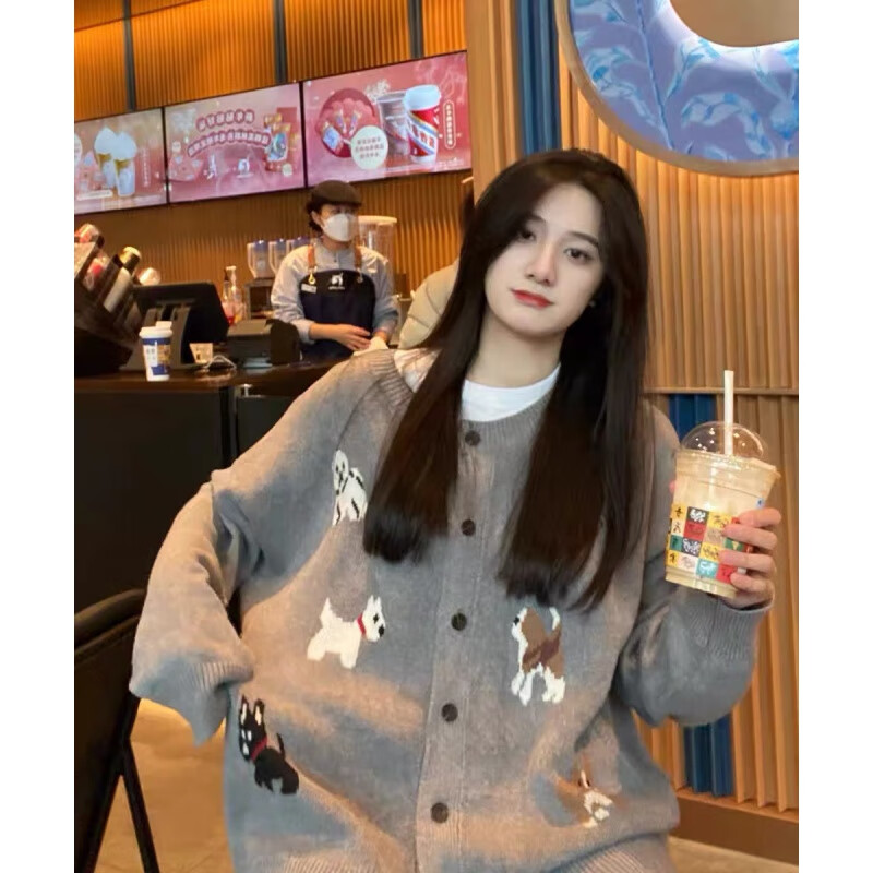 卫衣女2024春秋季新款设计感灰色小狗韩系可盐可甜毛衣开衫 灰色毛衣