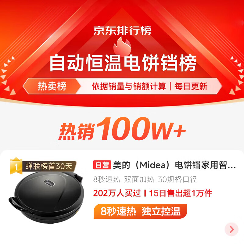 美的（Midea）电饼铛家用智能双面加热煎烤机烙饼机三明治早餐机蛋饼机30cm大口径煎饼烙饼锅JHN30F