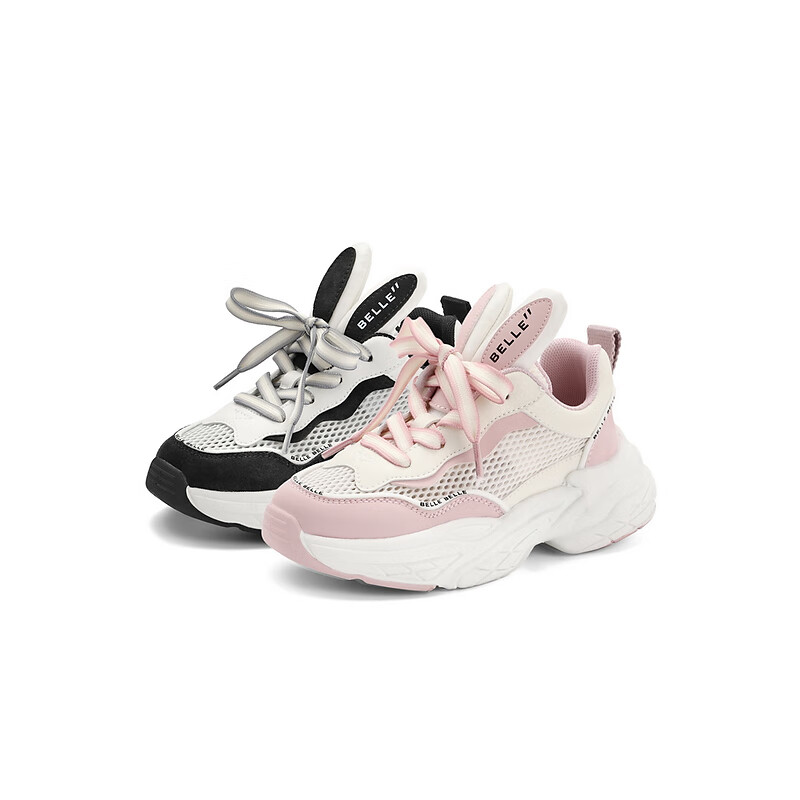 百丽撞色老爹鞋童鞋2023夏季新商场同款兔耳网面透气休闲鞋10651B83 黑色 34