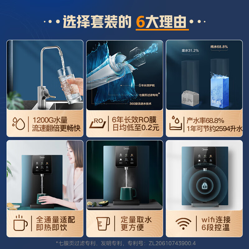 美的（Midea）直饮冷热净水器套装【白泽1200G+管线机极光908D】厨下RO反渗透 家用壁挂式即热一体净饮机