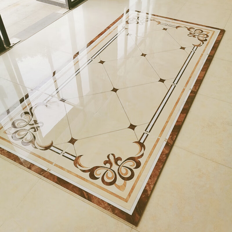 皇系佛山客厅地砖拼花瓷砖地芯踢脚线镀金水刀微晶石拼图欧式餐厅通体  800X800