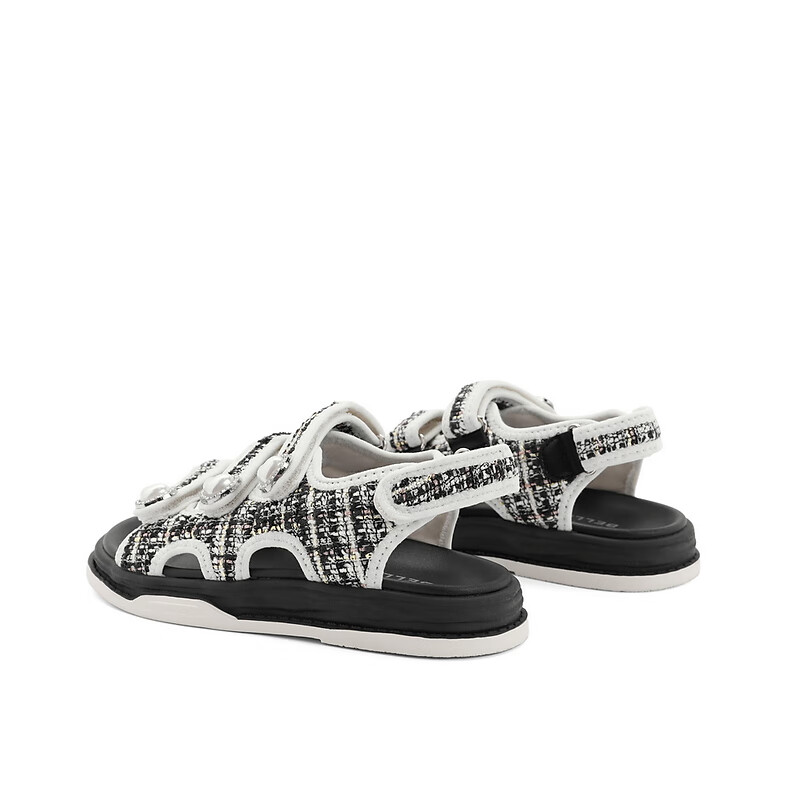 百丽小香风凉鞋童鞋2023夏季新商场同款可爱珍珠魔术贴沙滩鞋23212B63 黑色 34