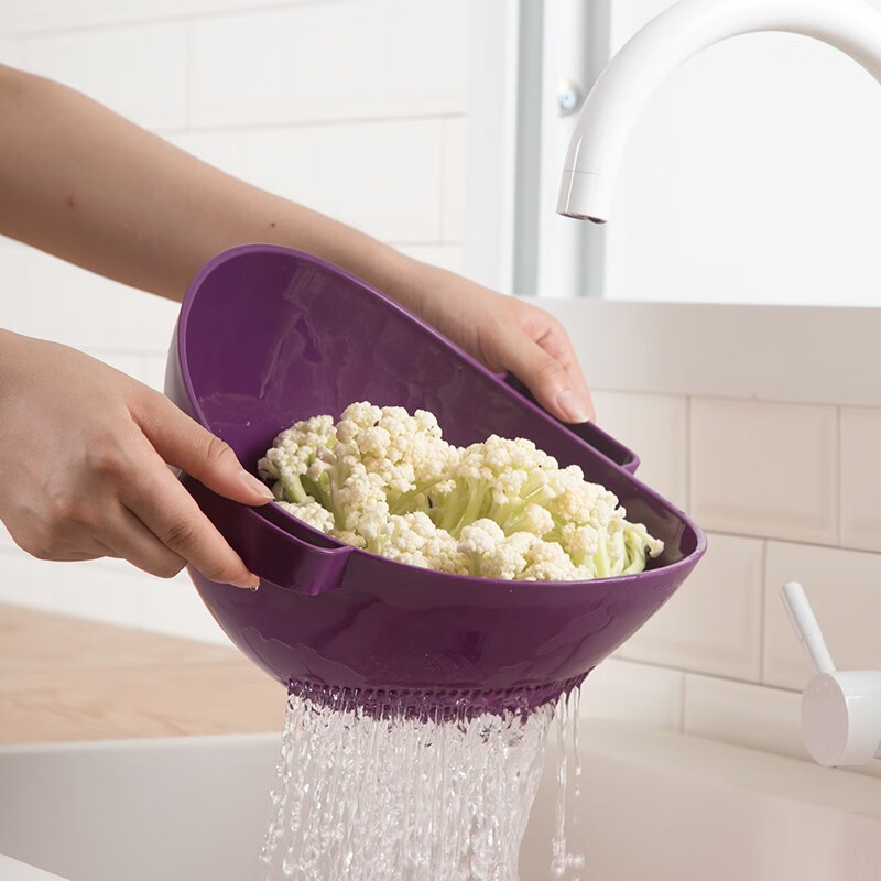 茶花（CHAHUA） 茶花沥水蓝筛子塑料水果蓝洗菜盆洗水果盆带手柄水果蔬菜盆 绿色1个