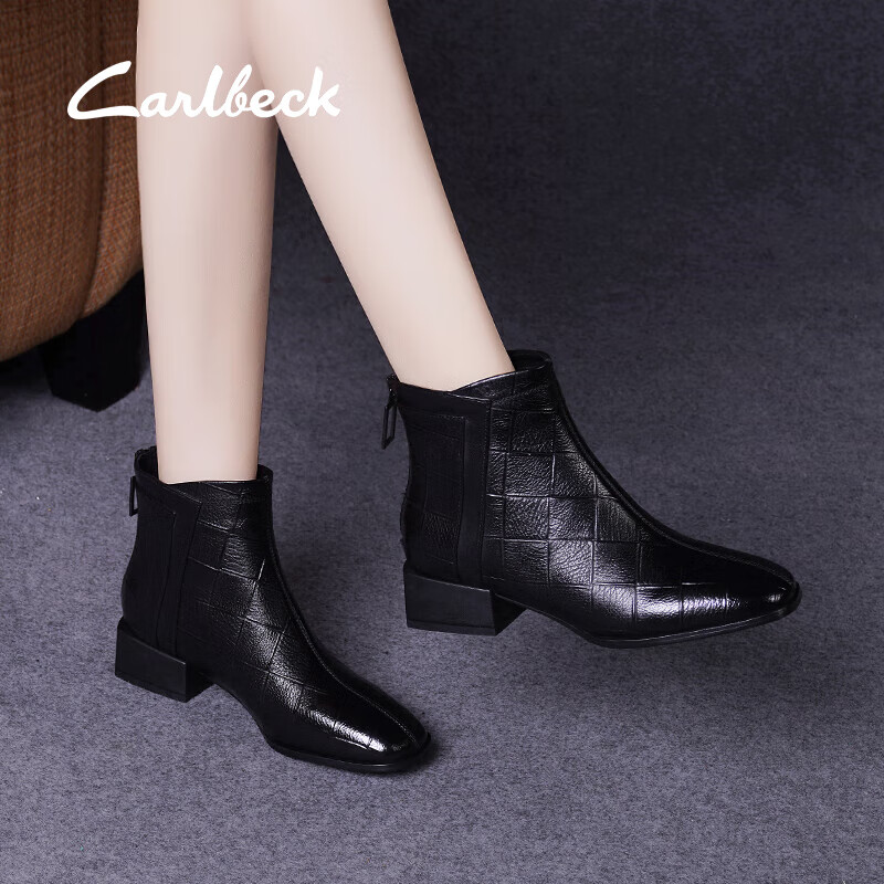 Carl Beck品牌方头粗跟短靴女软皮2023秋季新款中跟女鞋马丁靴女切尔西女靴