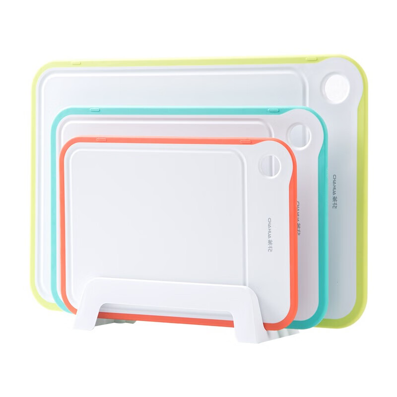 茶花（CHAHUA） 茶花塑料砧板4件套长方形加厚宝宝辅食菜板家用厨房切水果菜板 【3+1组合装】大中小号三个砧板+底座