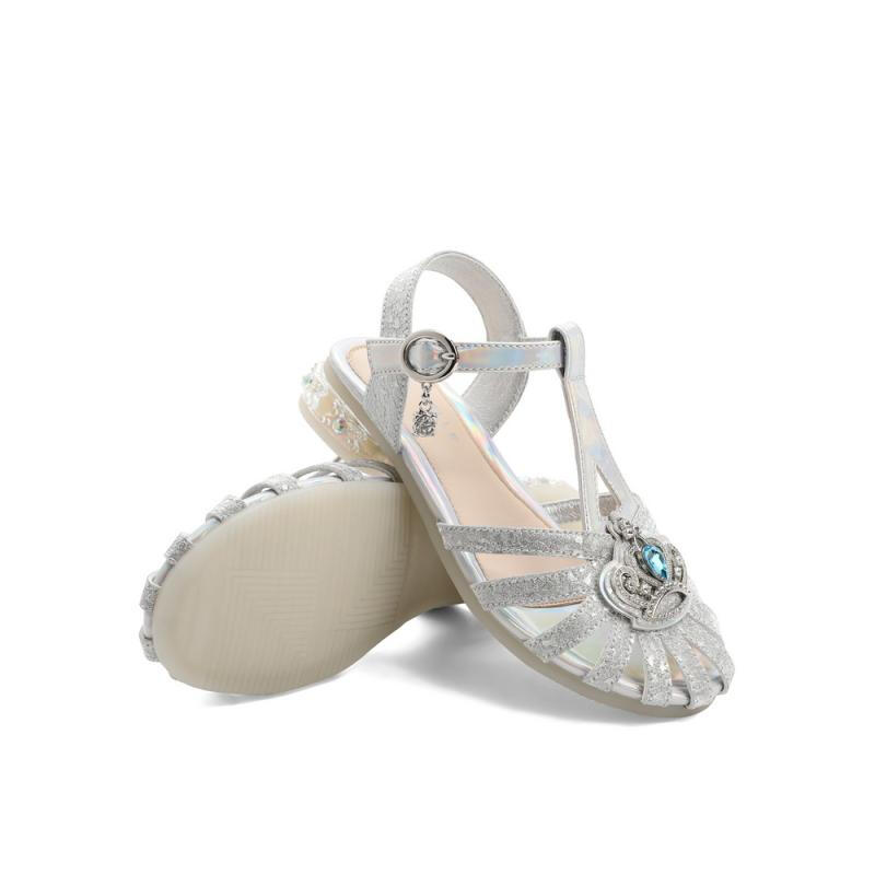 百丽镂空水晶童鞋女商场同款包头休闲凉鞋22619B62 银色 32