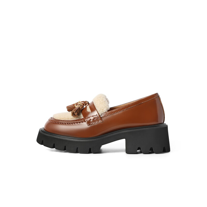 百丽厚底乐福鞋女2023秋季新款牛皮革复古拼接JK乐福B1493CM3预售 棕色 34